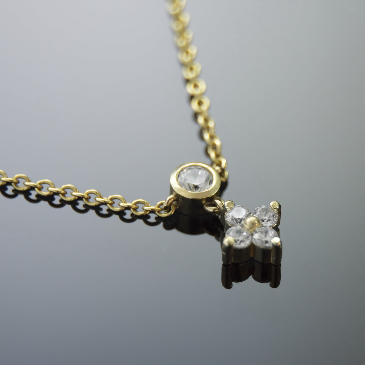 NG4780 Gold Station Necklace with Diamond-Set Flower Charms