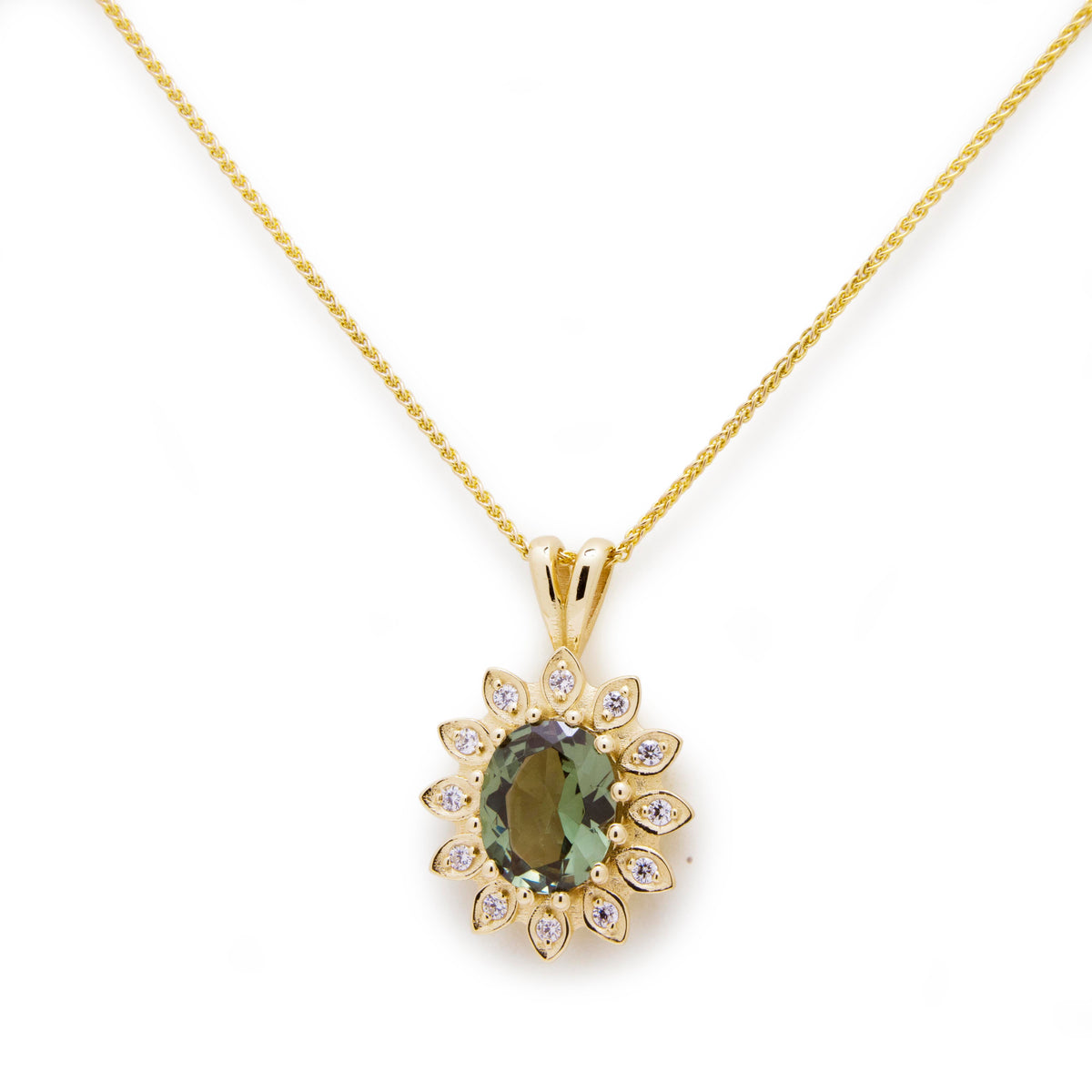 NG4789 Sunflower Gold Pendant Necklace with Green Spinel & Zircons