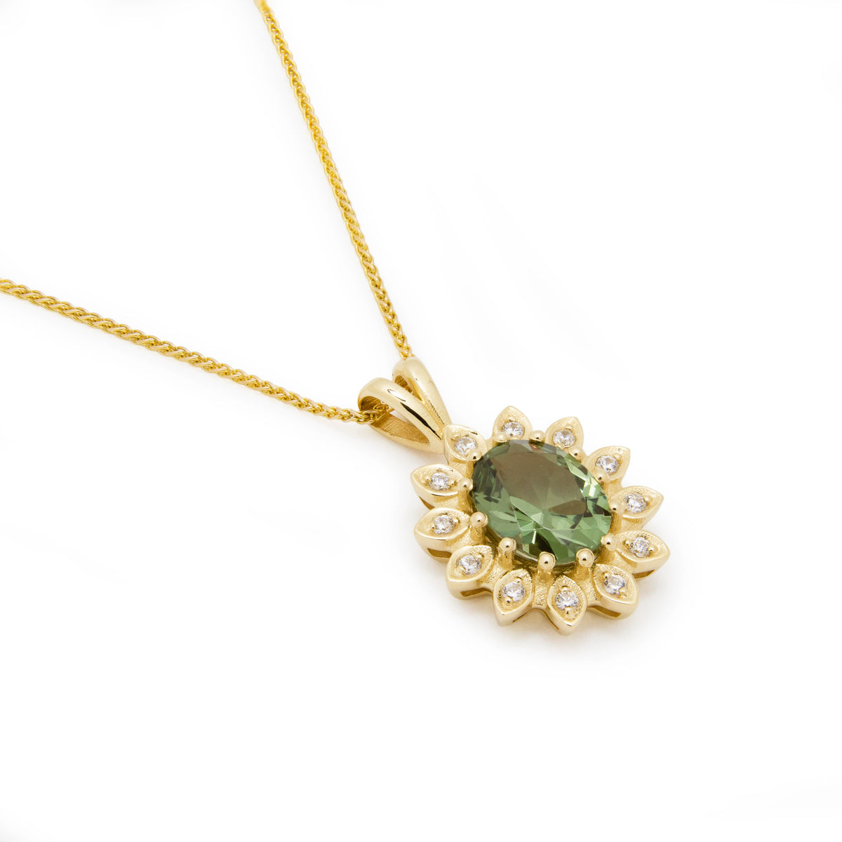 NG4789 Sunflower Gold Pendant Necklace with Green Spinel & Zircons