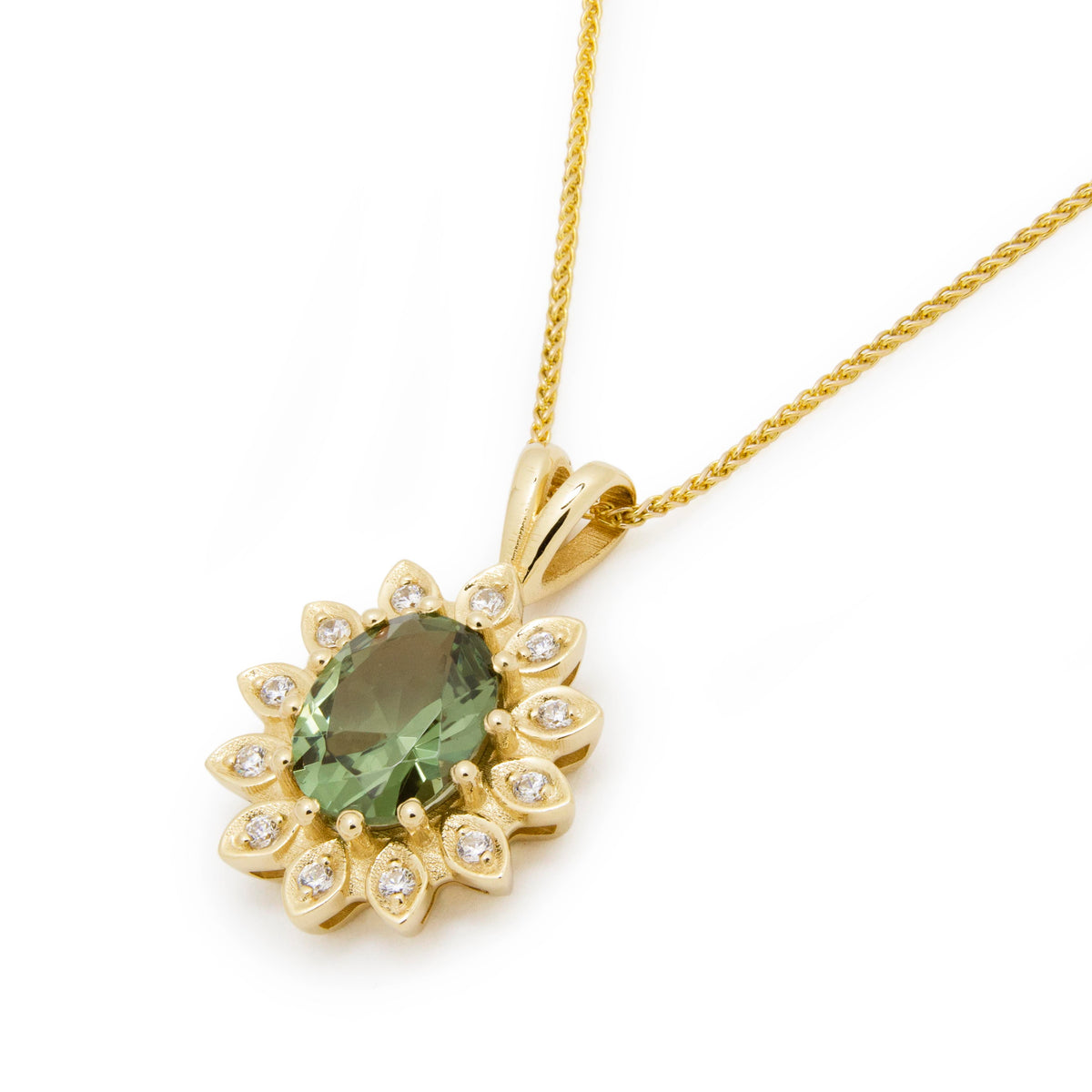 NG4789 Sunflower Gold Pendant Necklace with Green Spinel & Zircons