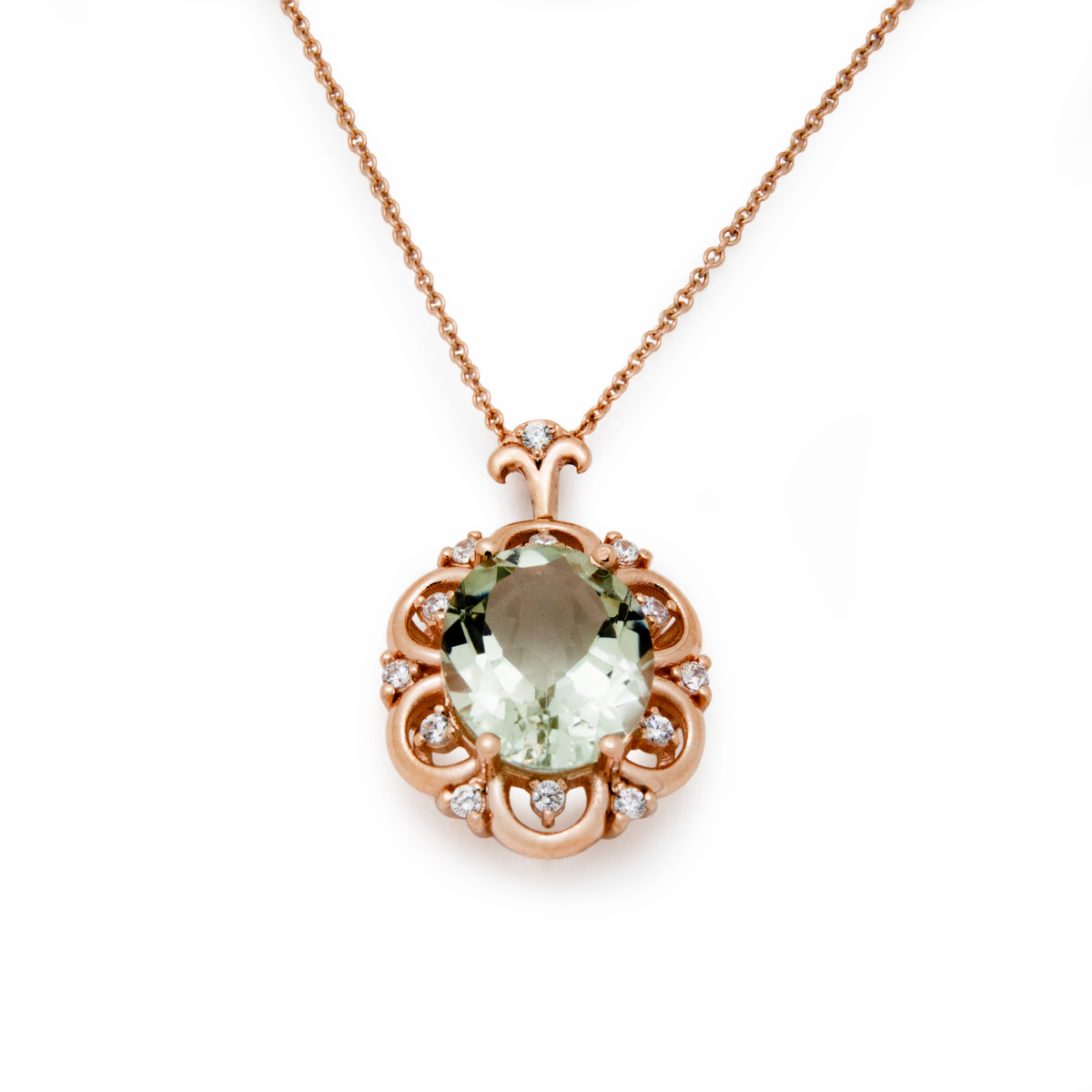 NG4789 Rose Gold Oval Pendant Necklace with Green Spinel & zircons