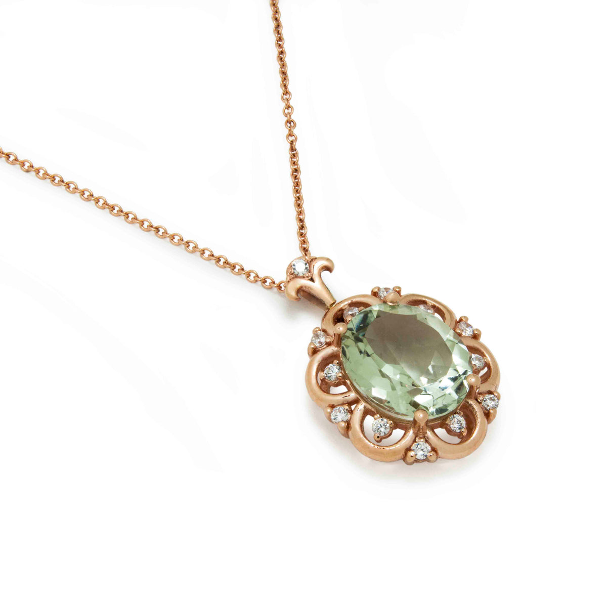 NG4789 Rose Gold Oval Pendant Necklace with Green Spinel & zircons