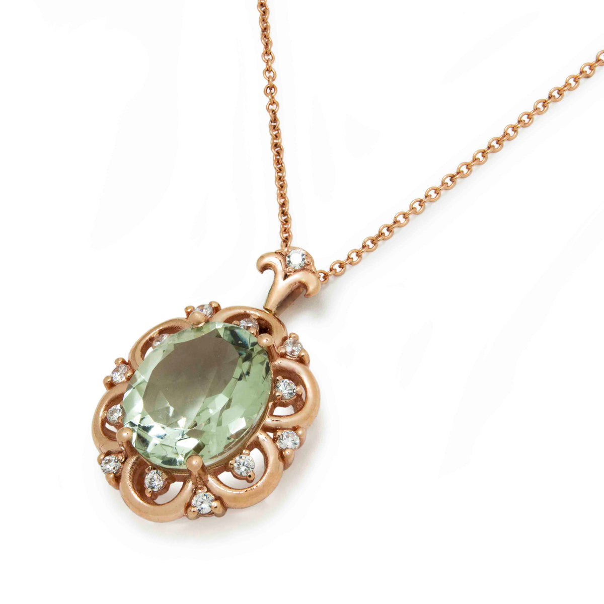 NG4789 Rose Gold Oval Pendant Necklace with Green Spinel & zircons