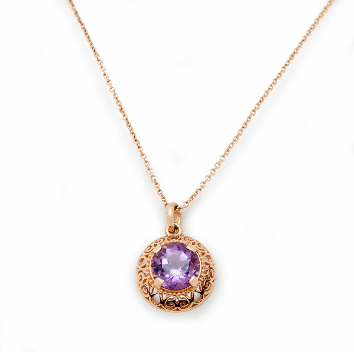 NG4791-1 Elegant Amethyst Pendant Necklace in Rose Gold with Intricate Filigree Detail