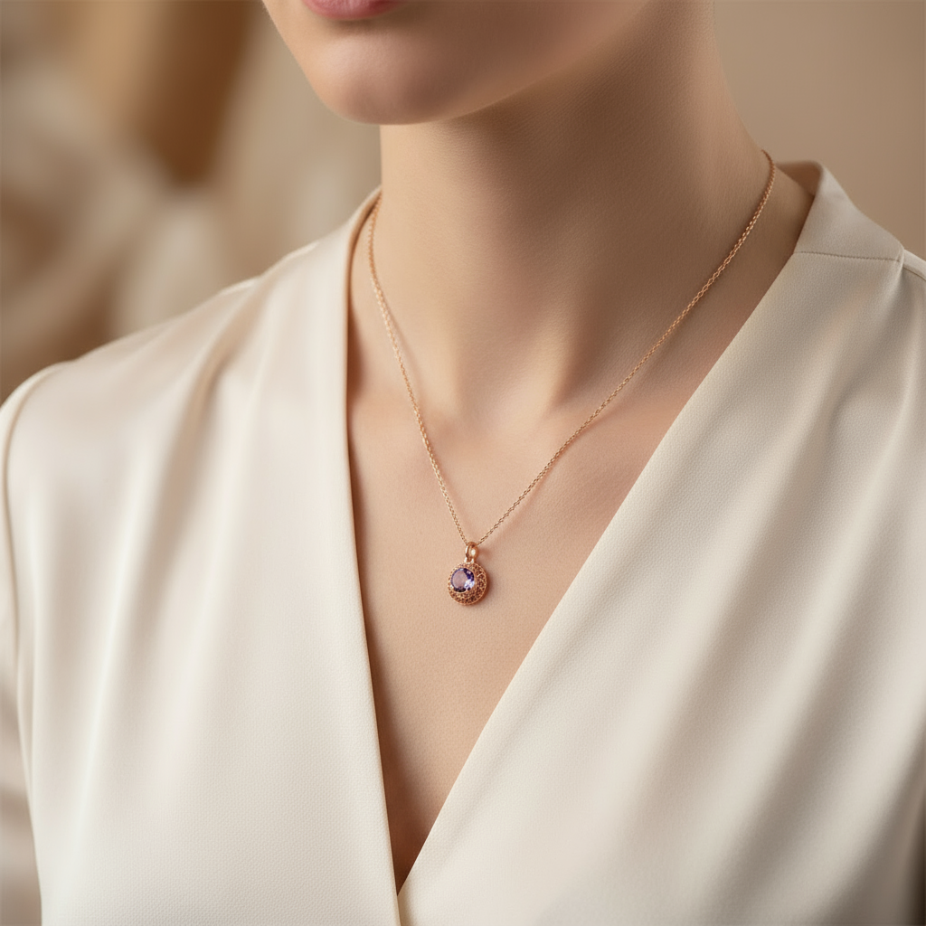 NG4791-1 Elegant Amethyst Pendant Necklace in Rose Gold with Intricate Filigree Detail