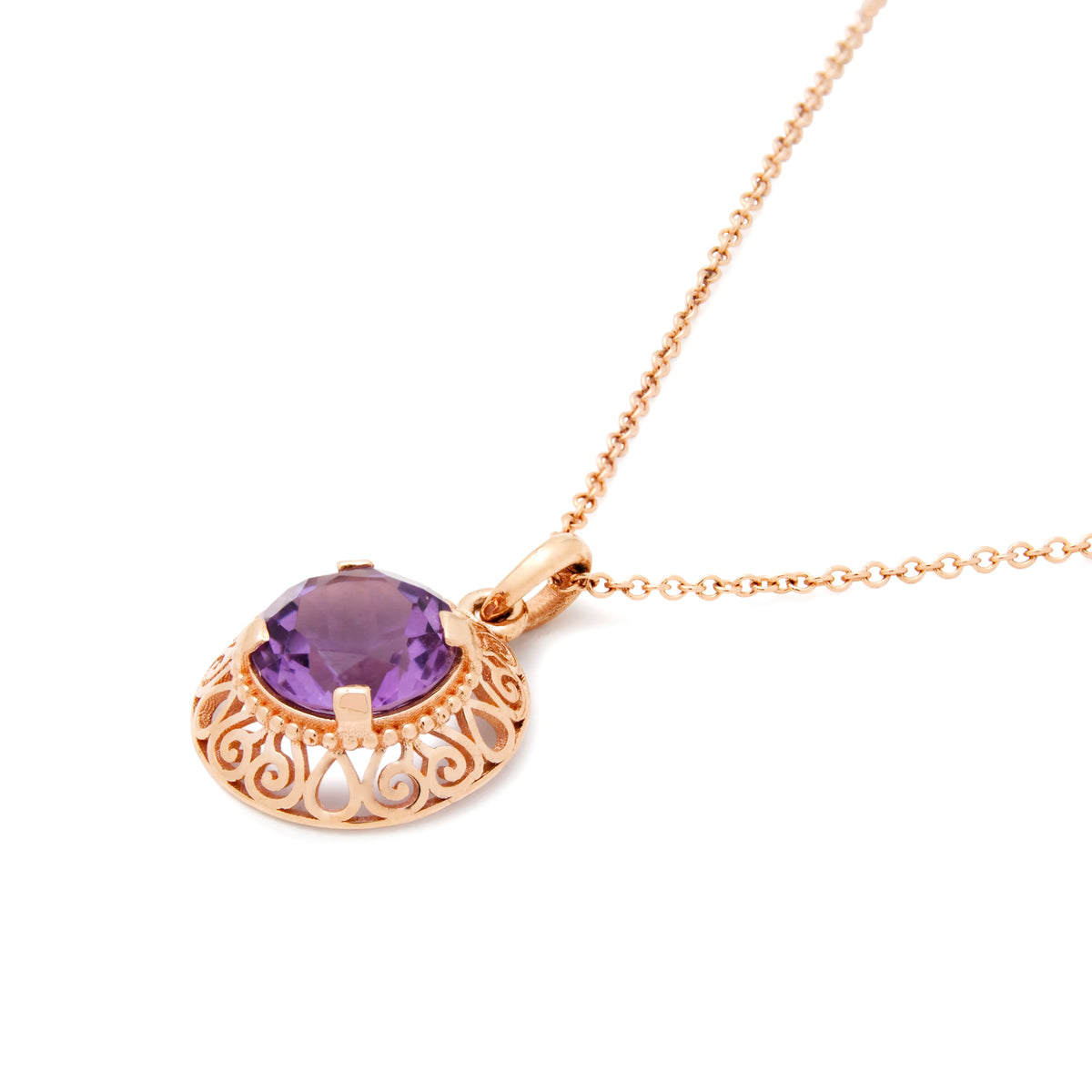 NG4791-1 Elegant Amethyst Pendant Necklace in Rose Gold with Intricate Filigree Detail