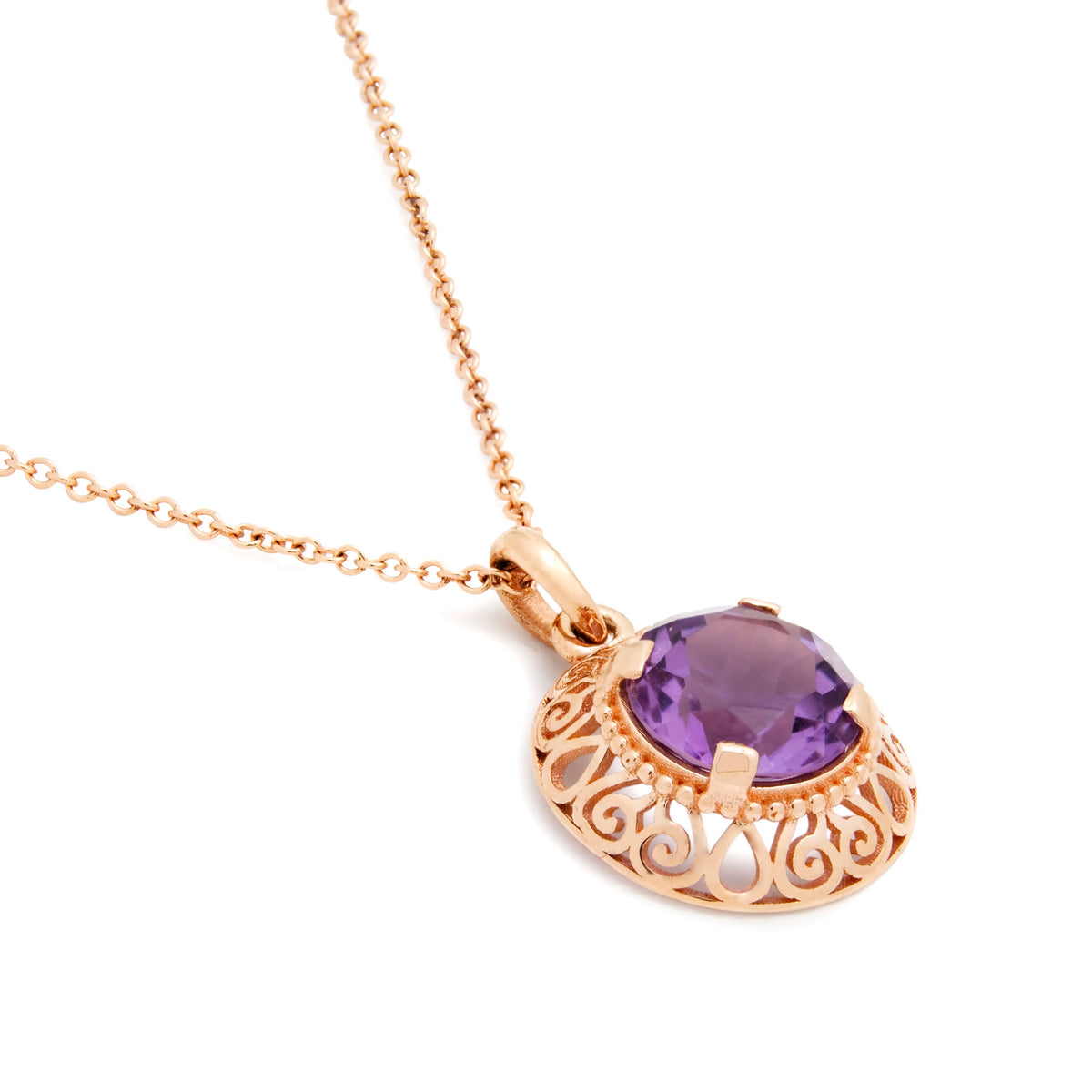 NG4791-1 Elegant Amethyst Pendant Necklace in Rose Gold with Intricate Filigree Detail