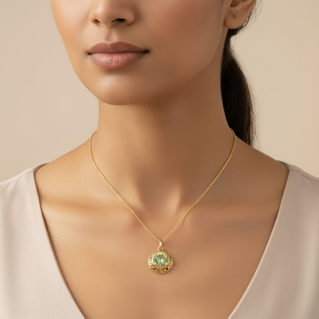 NG4791-1 Elegant Green Spinel Pendant Necklace in Yellow Gold with Intricate Filigree Detail