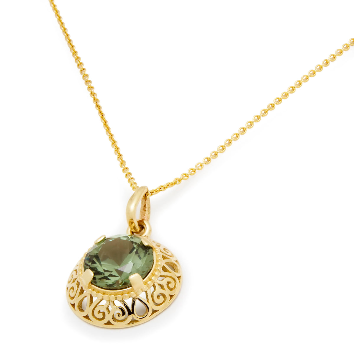 NG4791-1 Elegant Green Spinel Pendant Necklace in Yellow Gold with Intricate Filigree Detail