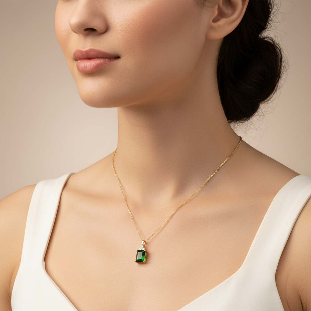 NG4792 Elegant Gold Emerald and Diamond Pendant Necklace