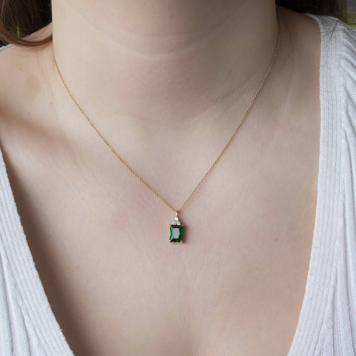 NG4792 Classic Gold Pendant Necklace With Stunning Emerald-Cut Green Emerald And Sparkling Diamond Accents - Elegant Everyday Luxury Jewelry