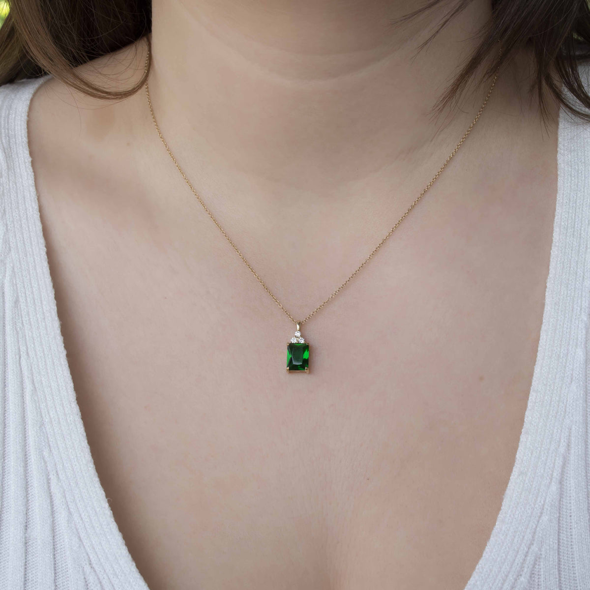 NG4792 Classic Gold Pendant Necklace With Stunning Emerald-Cut Green Emerald And Sparkling Diamond Accents - Elegant Everyday Luxury Jewelry