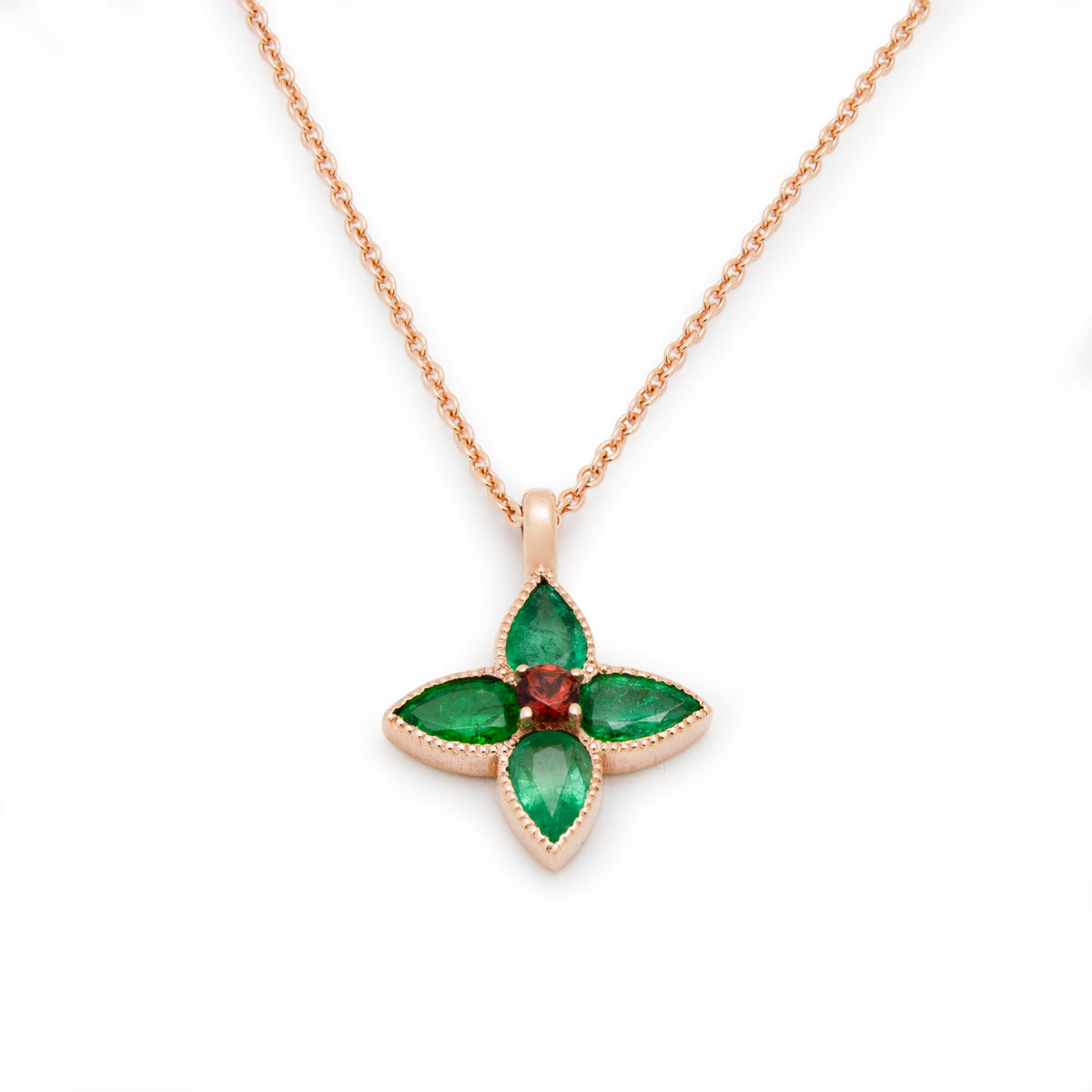 NG4797-1 Rose Gold Clover Pendant Necklace with Emerald and Garnet