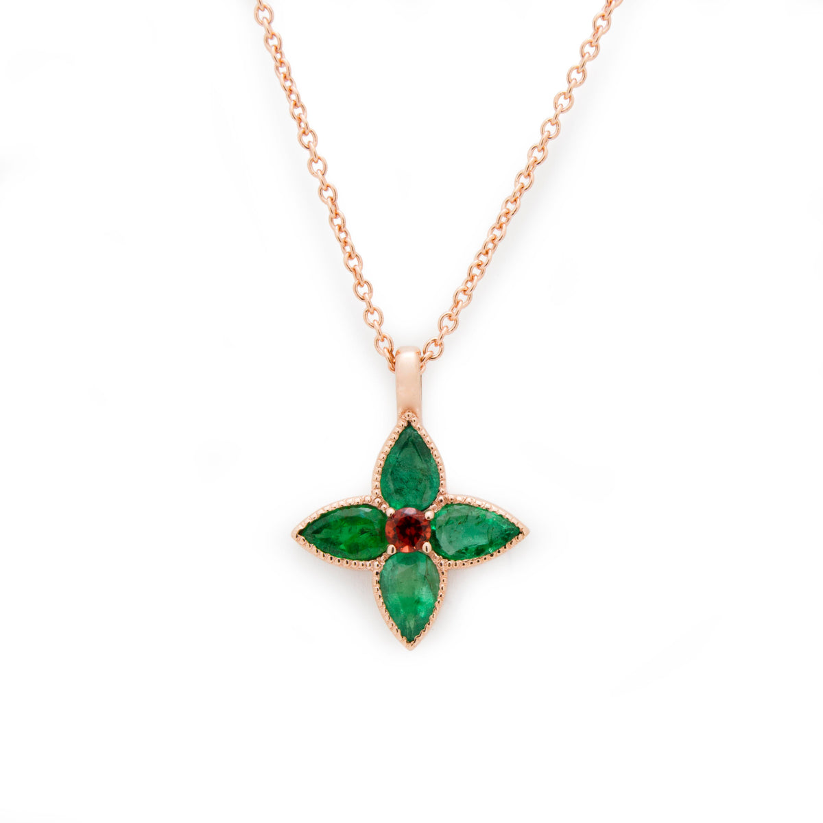 NG4797-1 Rose Gold Clover Pendant Necklace with Emerald and Garnet