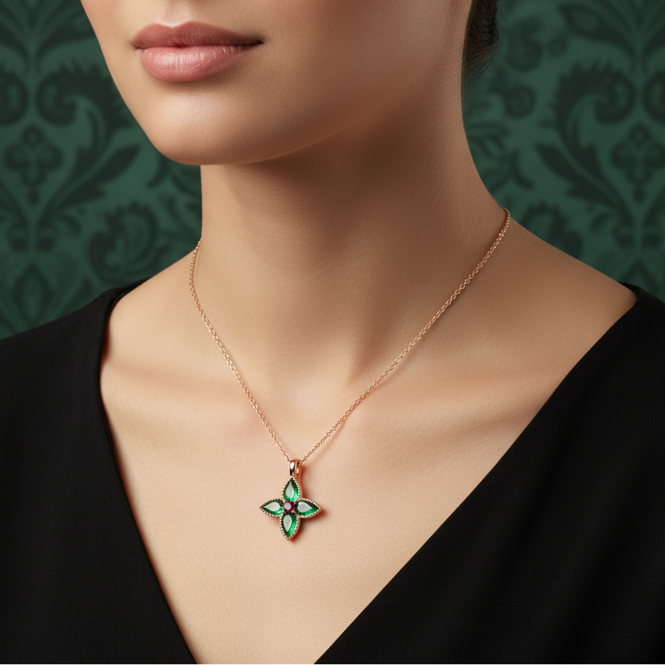 NG4797-1 Rose Gold Clover Pendant Necklace with Emerald and Garnet