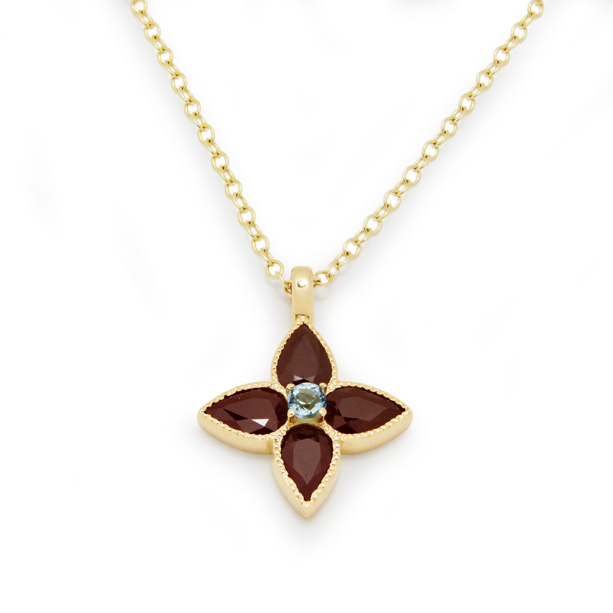 NG4797 Gold Clover Pendant with Ruby and Blue Topaz, Four Leaves Necklace, Good Luck Necklace