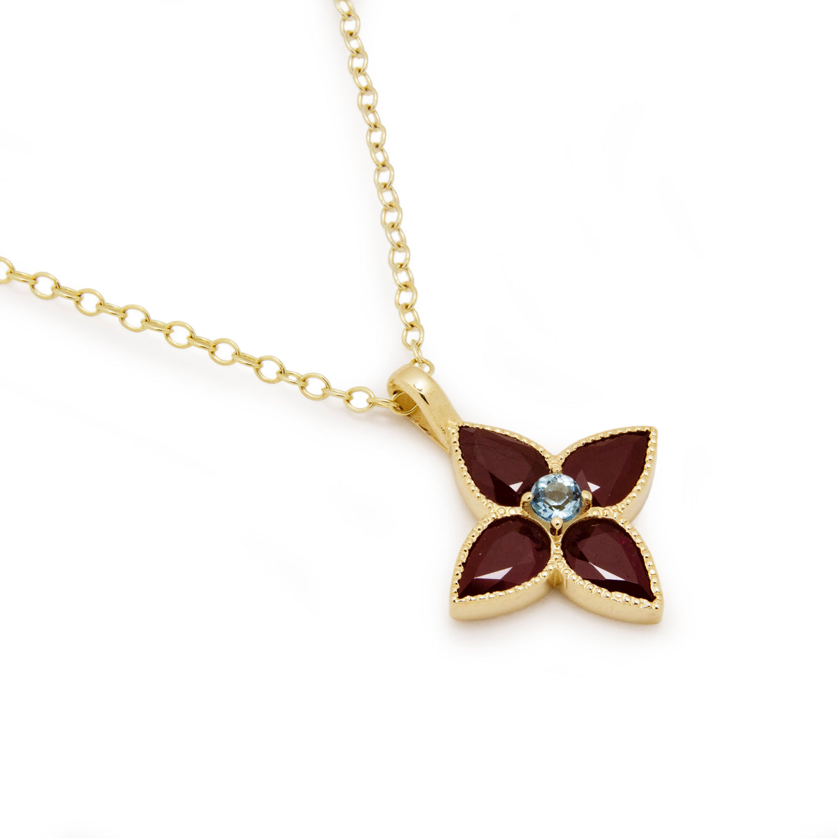 NG4797 Gold Clover Pendant with Ruby and Blue Topaz, Four Leaves Necklace, Good Luck Necklace