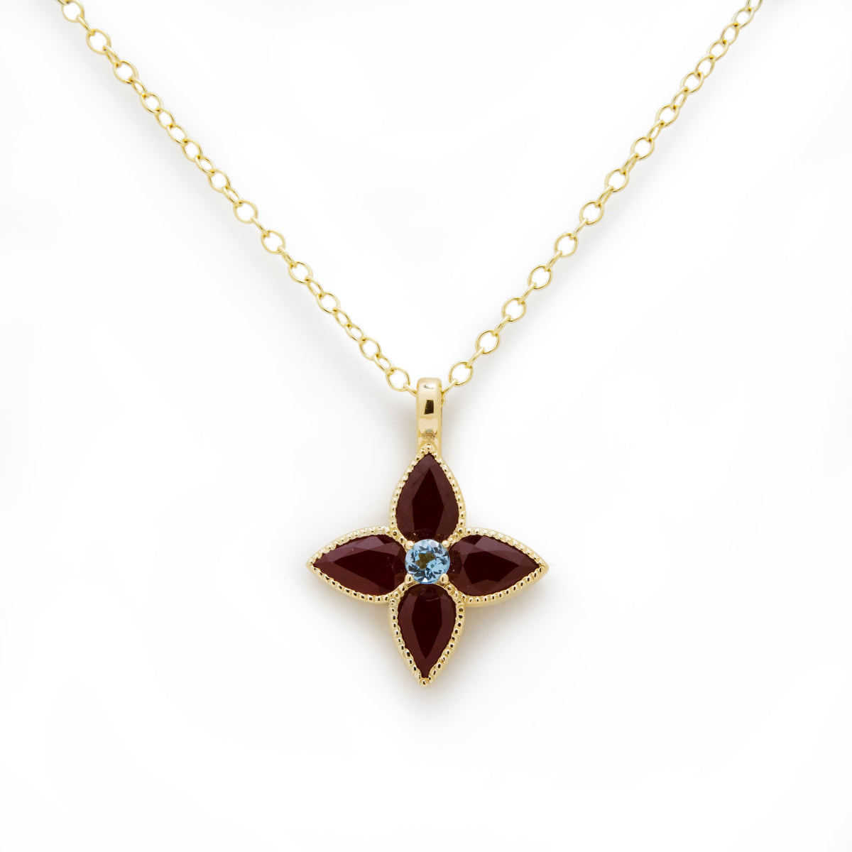 NG4797 Gold Clover Pendant with Ruby and Blue Topaz, Four Leaves Necklace, Good Luck Necklace