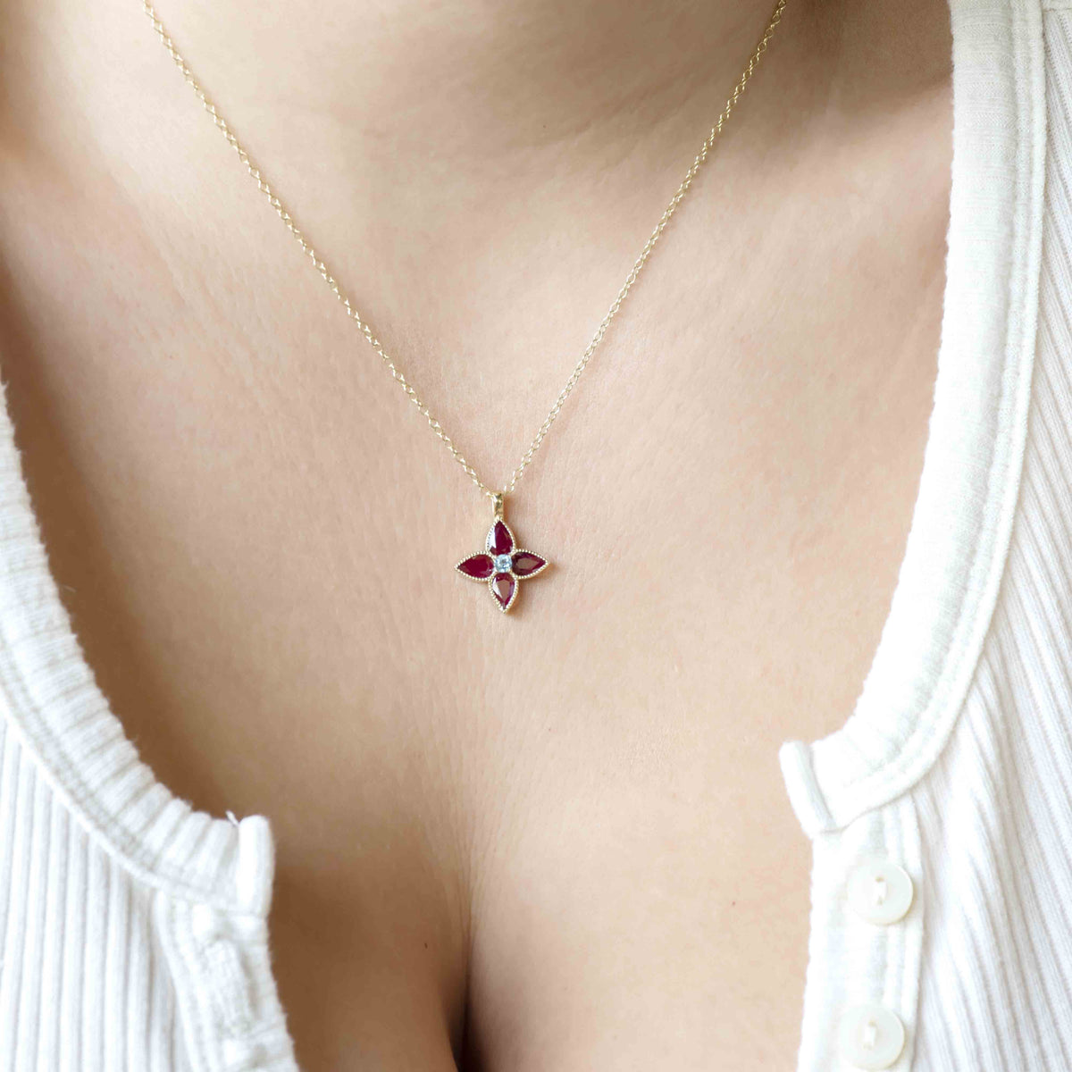 NG4797 Gold Clover Pendant with Ruby and Blue Topaz, Four Leaves Necklace, Good Luck Necklace