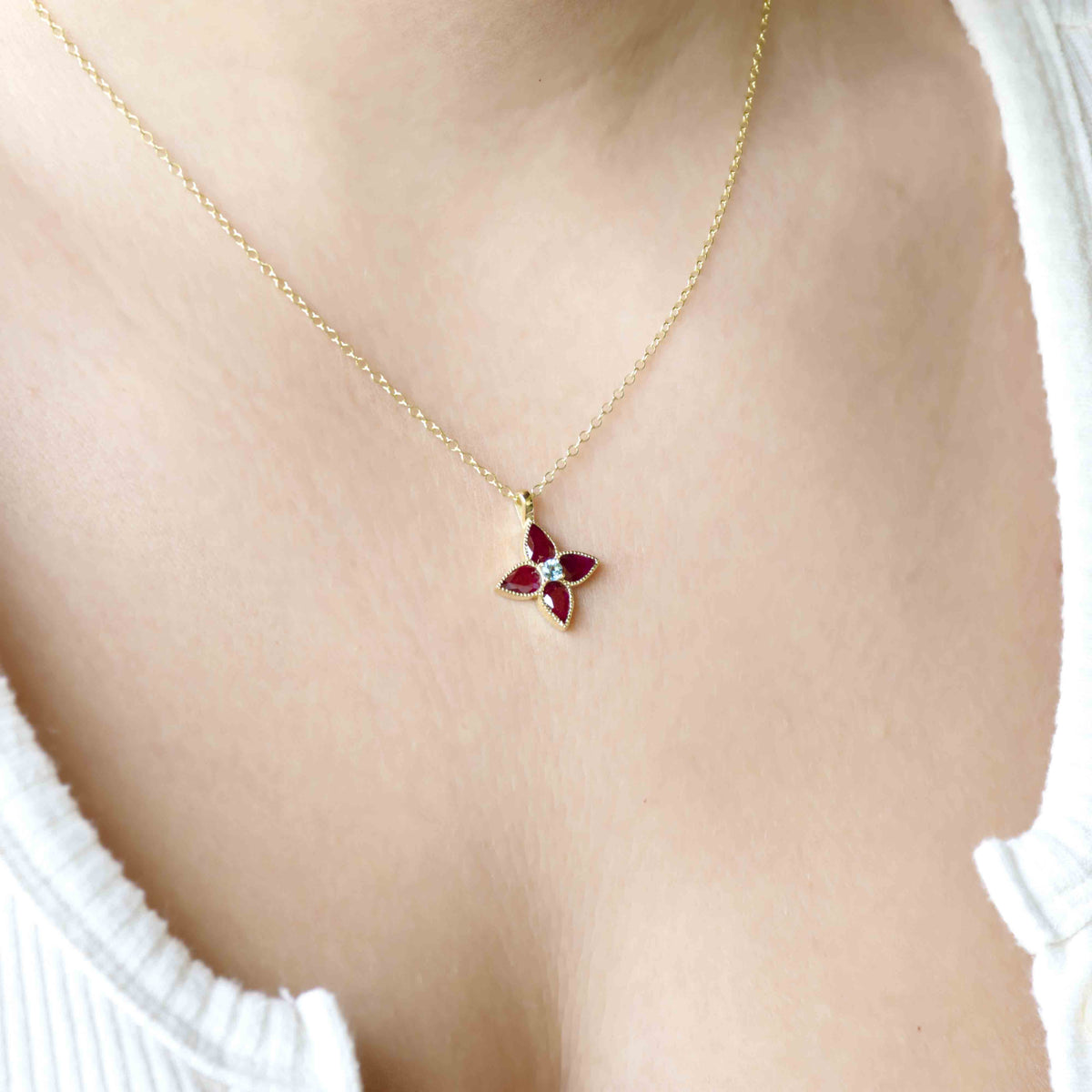 NG4797 Gold Clover Pendant with Ruby and Blue Topaz, Four Leaves Necklace, Good Luck Necklace