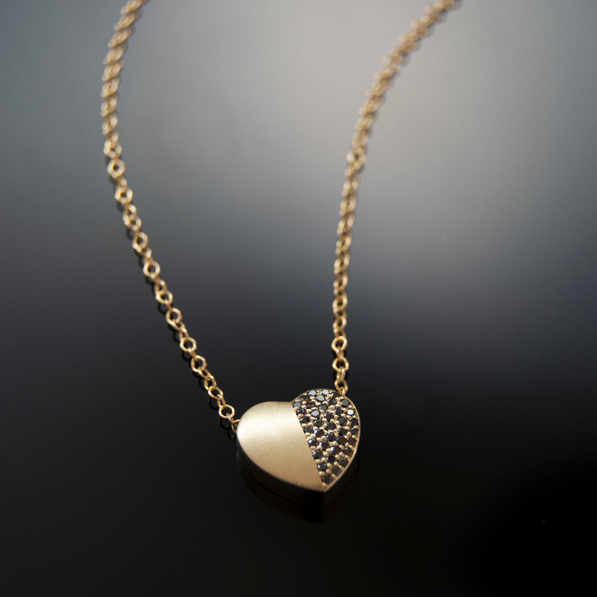 NG4799 Gold Heart Pendant Necklace with Black Diamonds