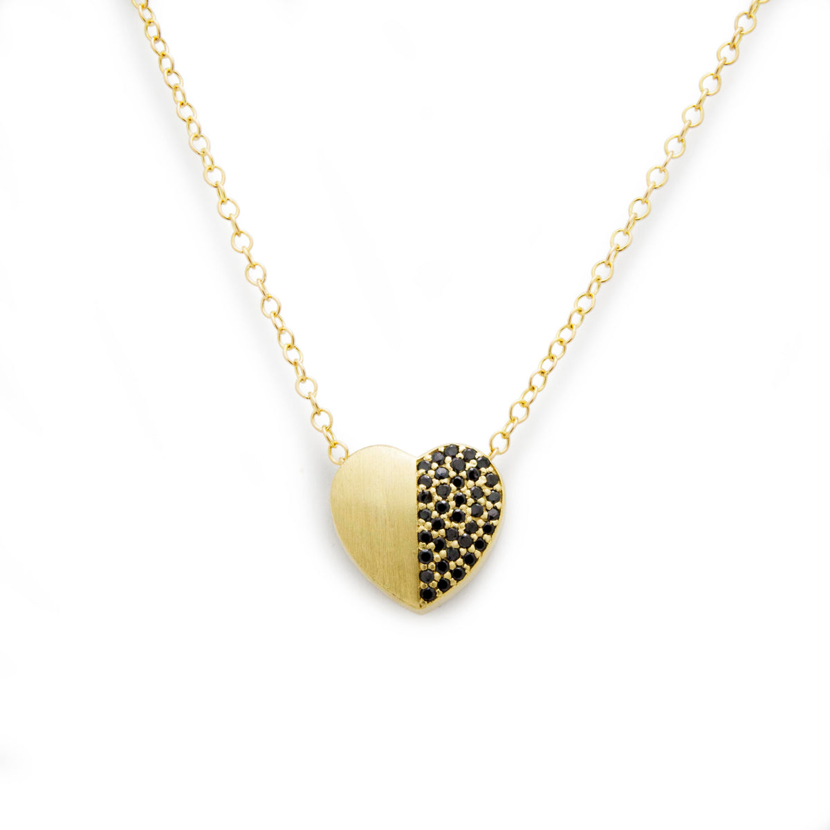 NG4799 Gold Heart Pendant Necklace with Black Diamonds