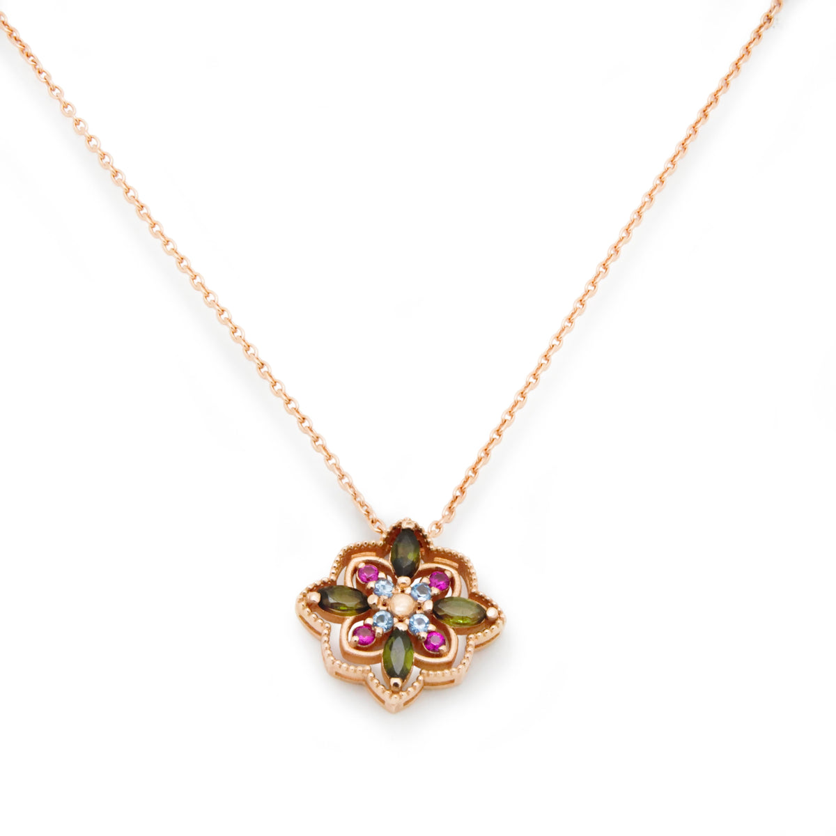 NG4804-1 Rose Gold Mandala Pendant Green Tourmaline, Blue Topaz and Ruby Pendant