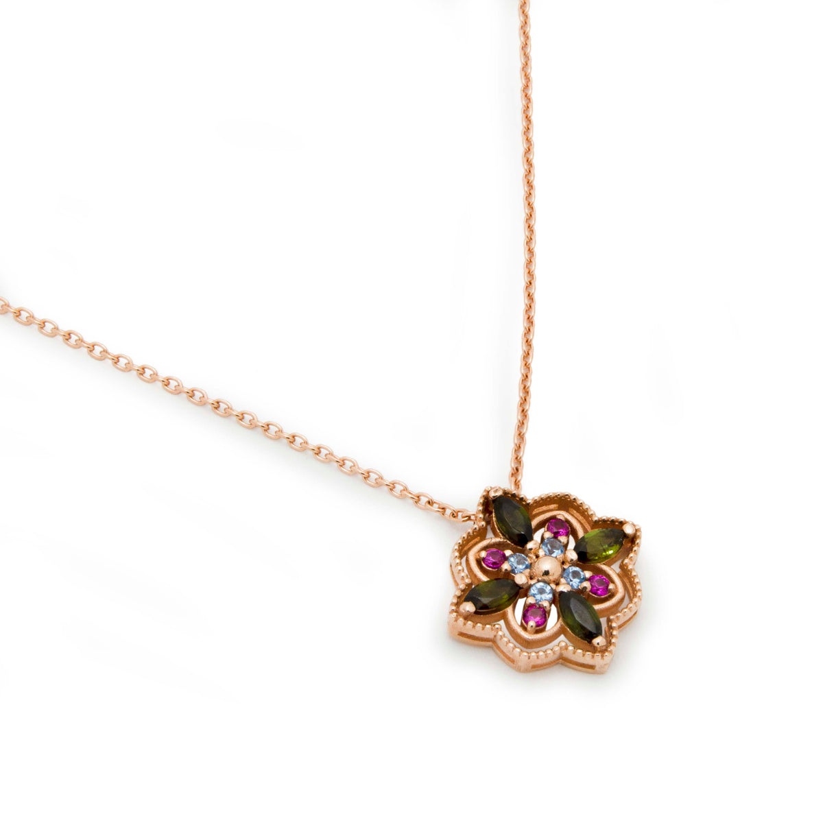 NG4804-1 Rose Gold Mandala Pendant Green Tourmaline, Blue Topaz and Ruby Pendant