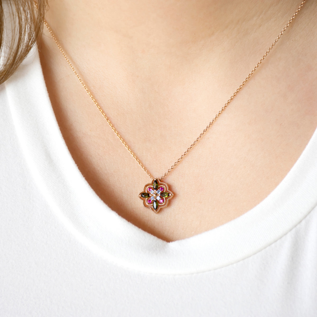 NG4804-1 Rose Gold Mandala Pendant Green Tourmaline, Blue Topaz and Ruby Pendant