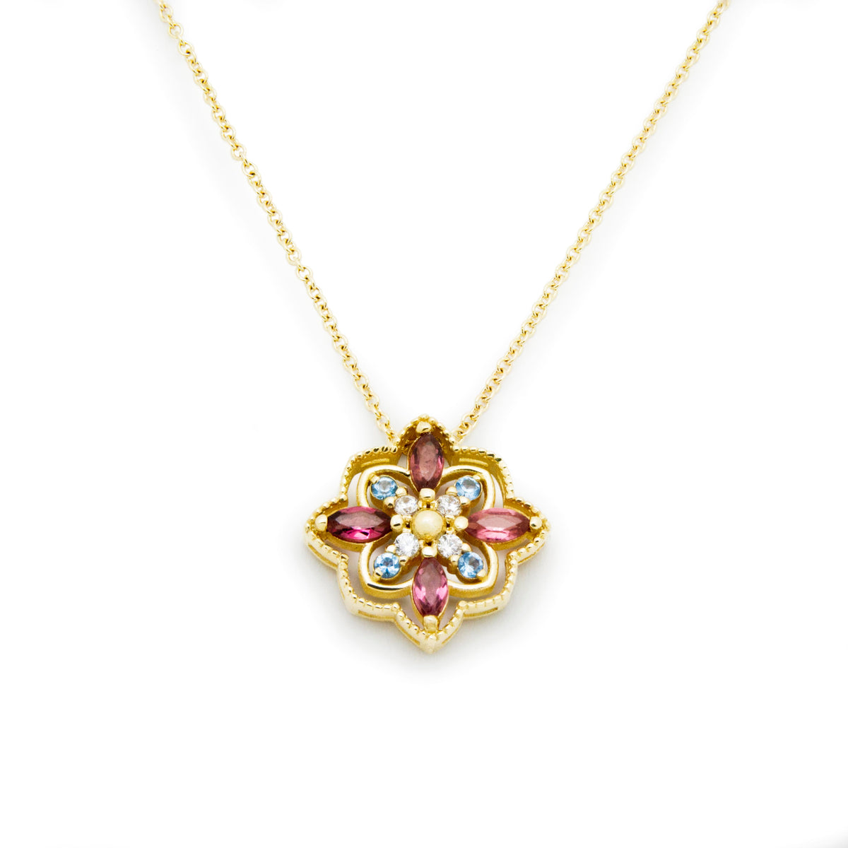 NG4804 Yellow Gold Mandala Pendant Necklace with Pink Tourmaline, Blue Topaz, and Diamonds Pendant