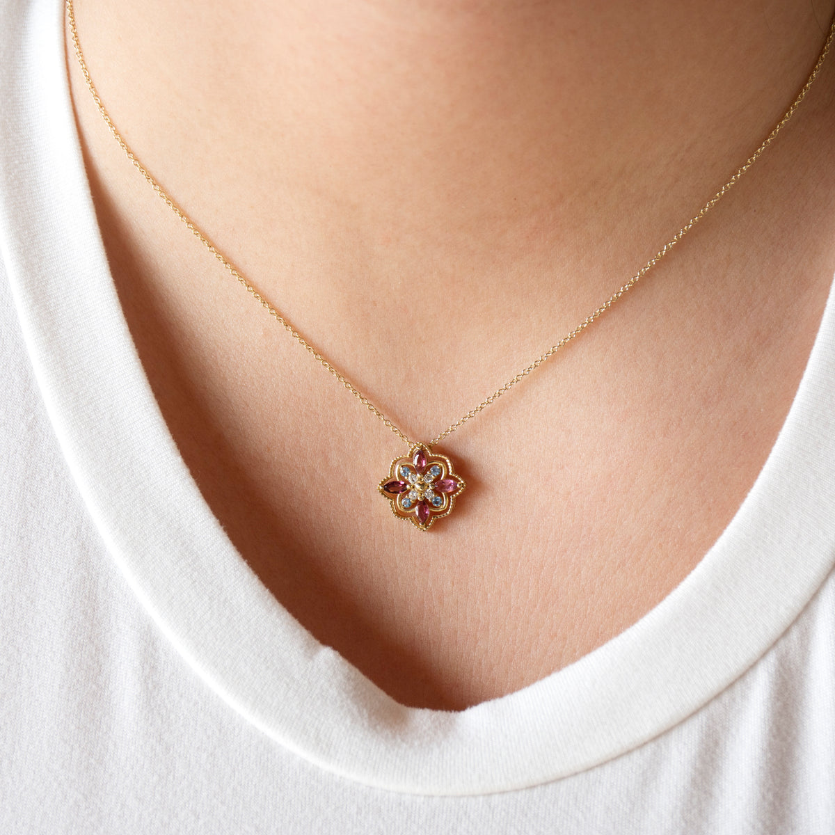 NG4804 Yellow Gold Mandala Pendant Necklace with Pink Tourmaline, Blue Topaz, and Diamonds Pendant