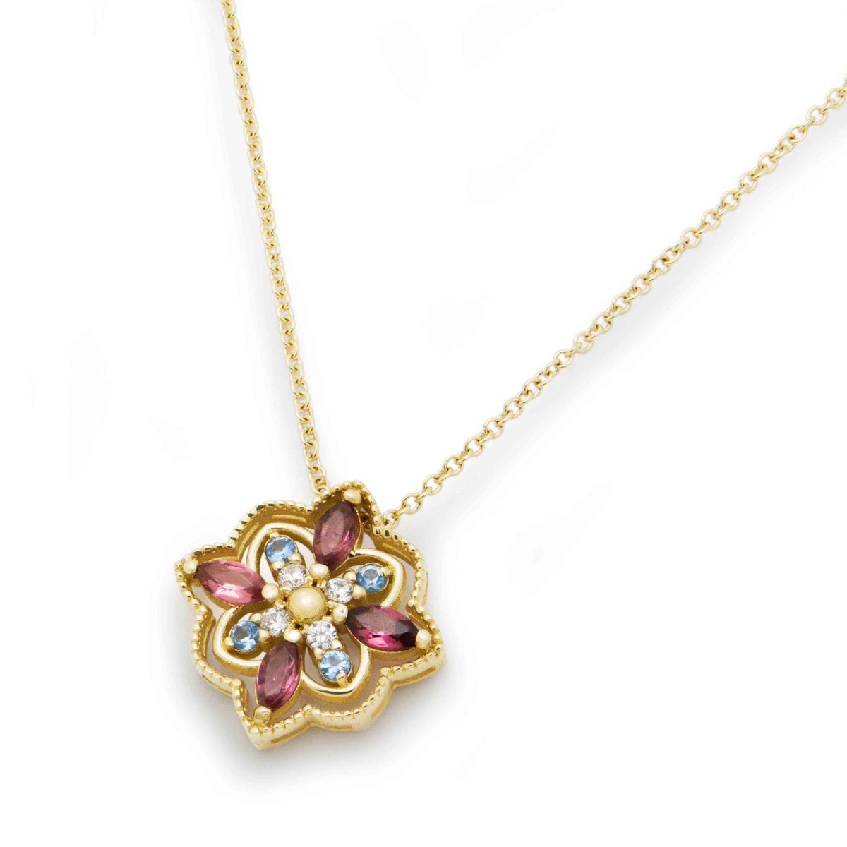 NG4804 Yellow Gold Mandala Pendant Necklace with Pink Tourmaline, Blue Topaz, and Diamonds Pendant