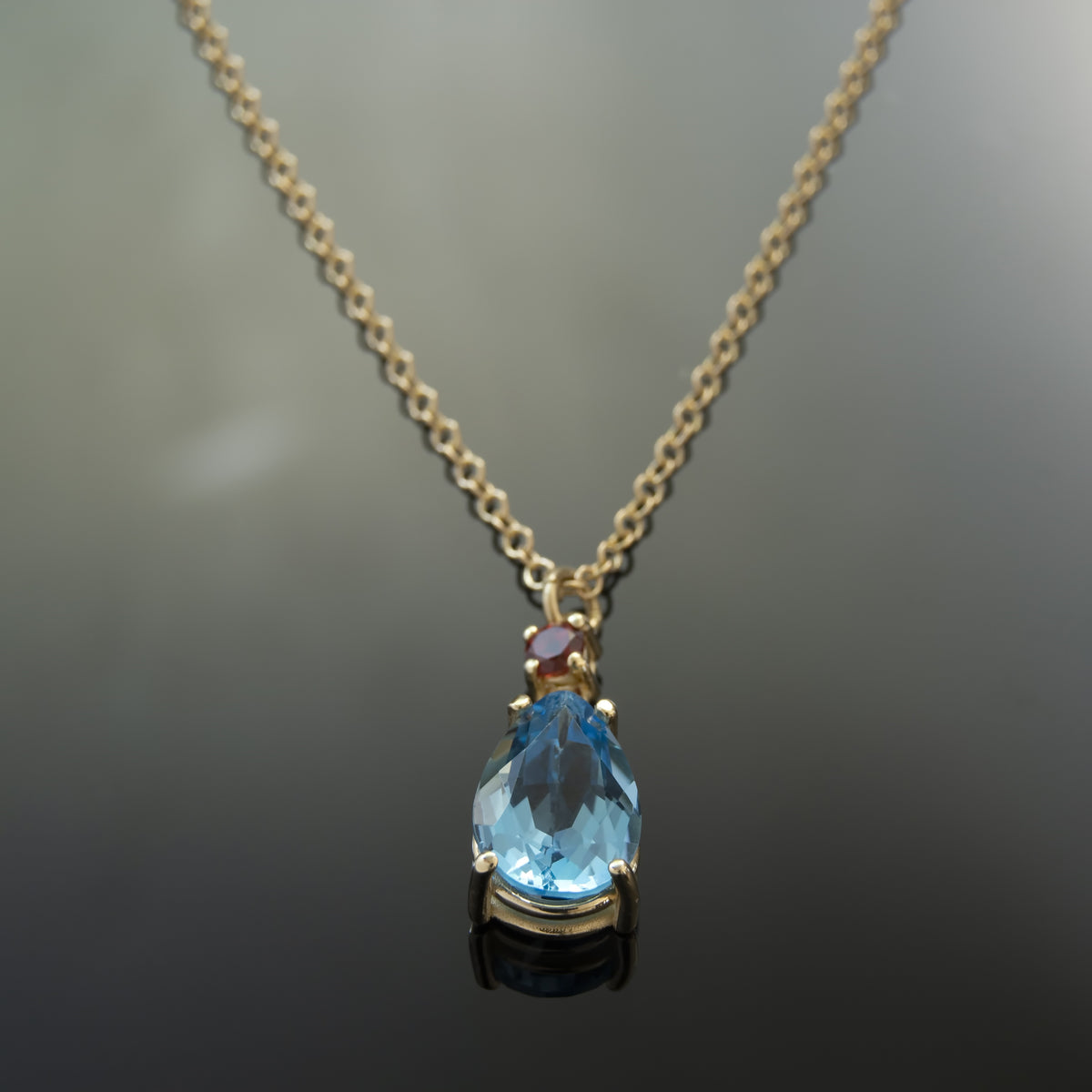 NG4805-1 Exquisite Pear-Shaped Blue Topaz and Garnet Pendant Necklace