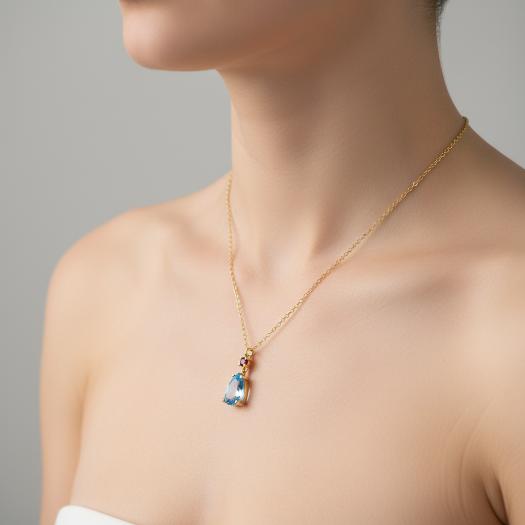 NG4805-1 Exquisite Pear-Shaped Blue Topaz and Garnet Pendant Necklace