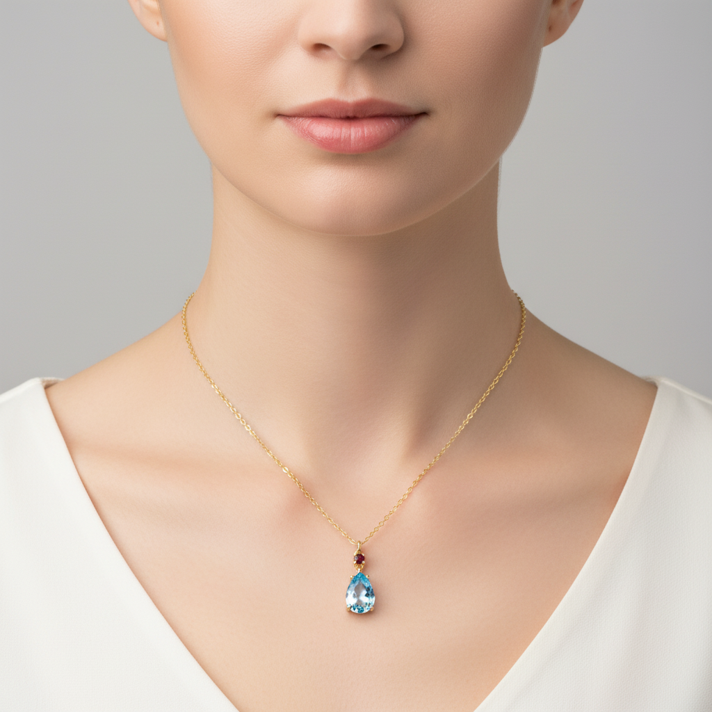 NG4805-1 Exquisite Pear-Shaped Blue Topaz and Garnet Pendant Necklace