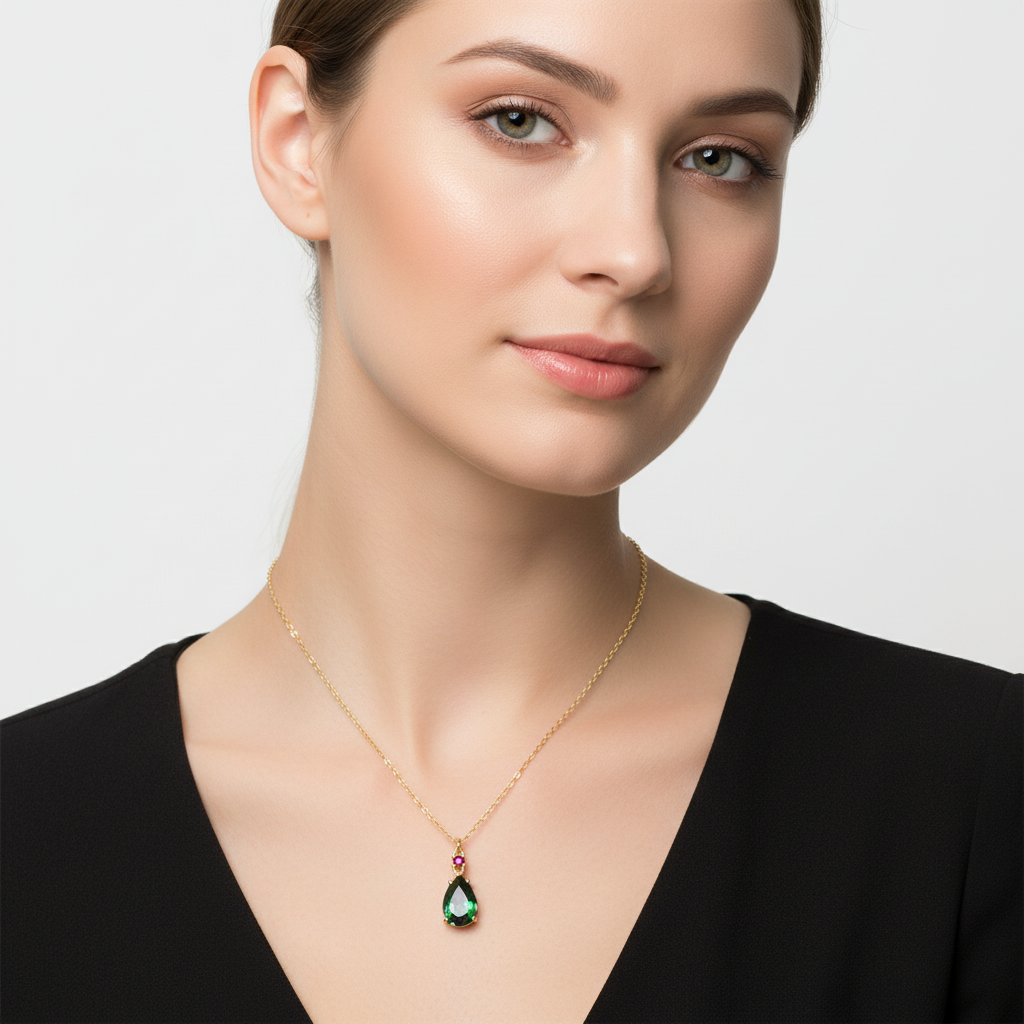 NG4805 Delicate Gold Chain Necklace With Pear-Shaped Chrome Diopside And Vibrant Ruby Accent - Elegant Gemstone Pendant Jewelry