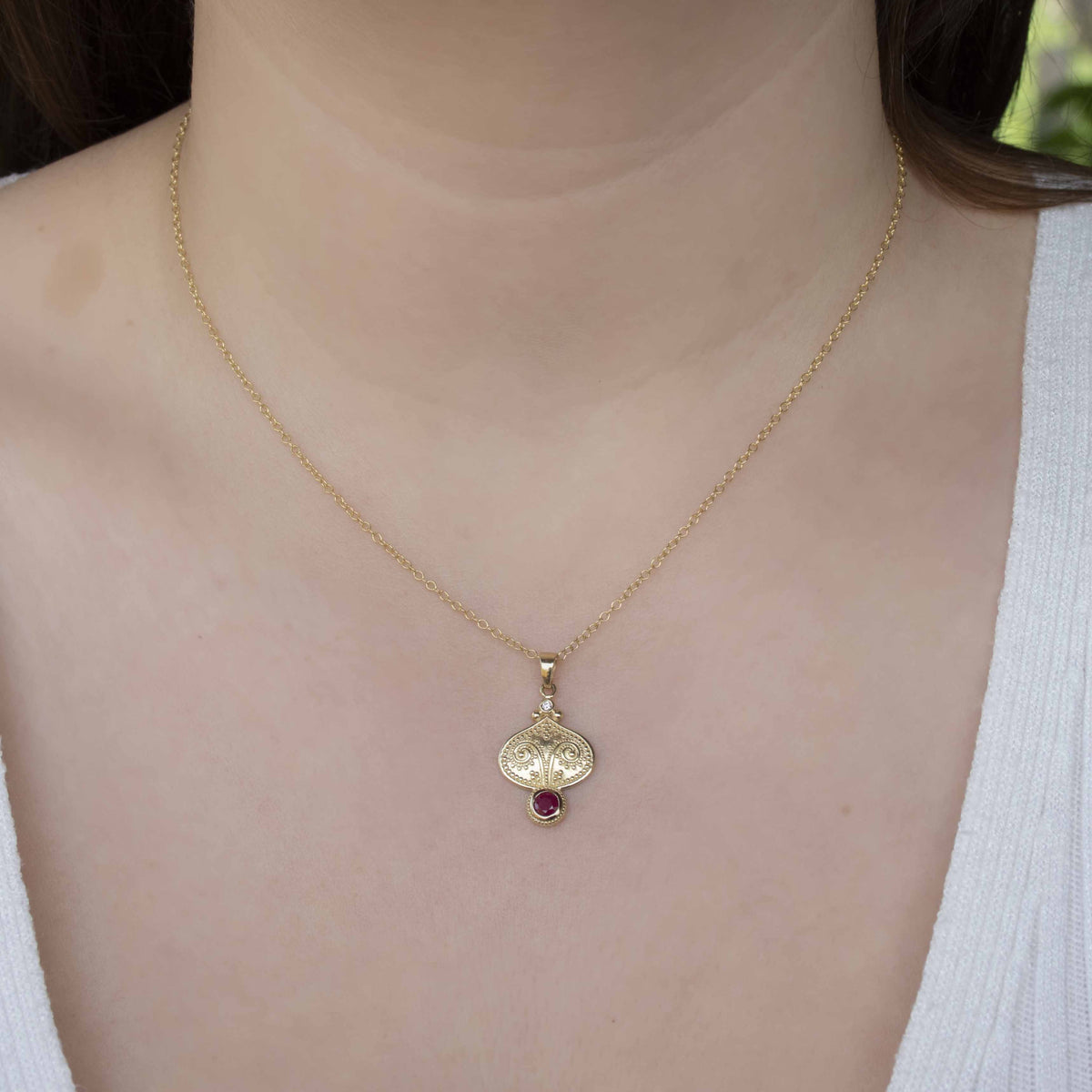 NG4810 Ethnic-Inspired Gold Pendant Necklace with Natural Ruby and Diamond