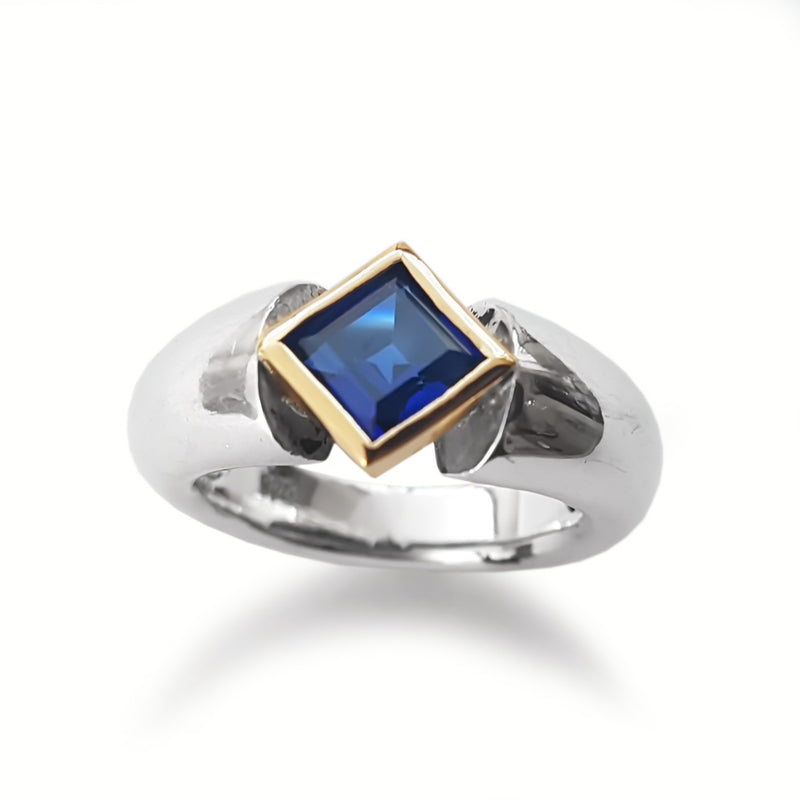 R0922C Square Sapphire on a Chunky Silver Band