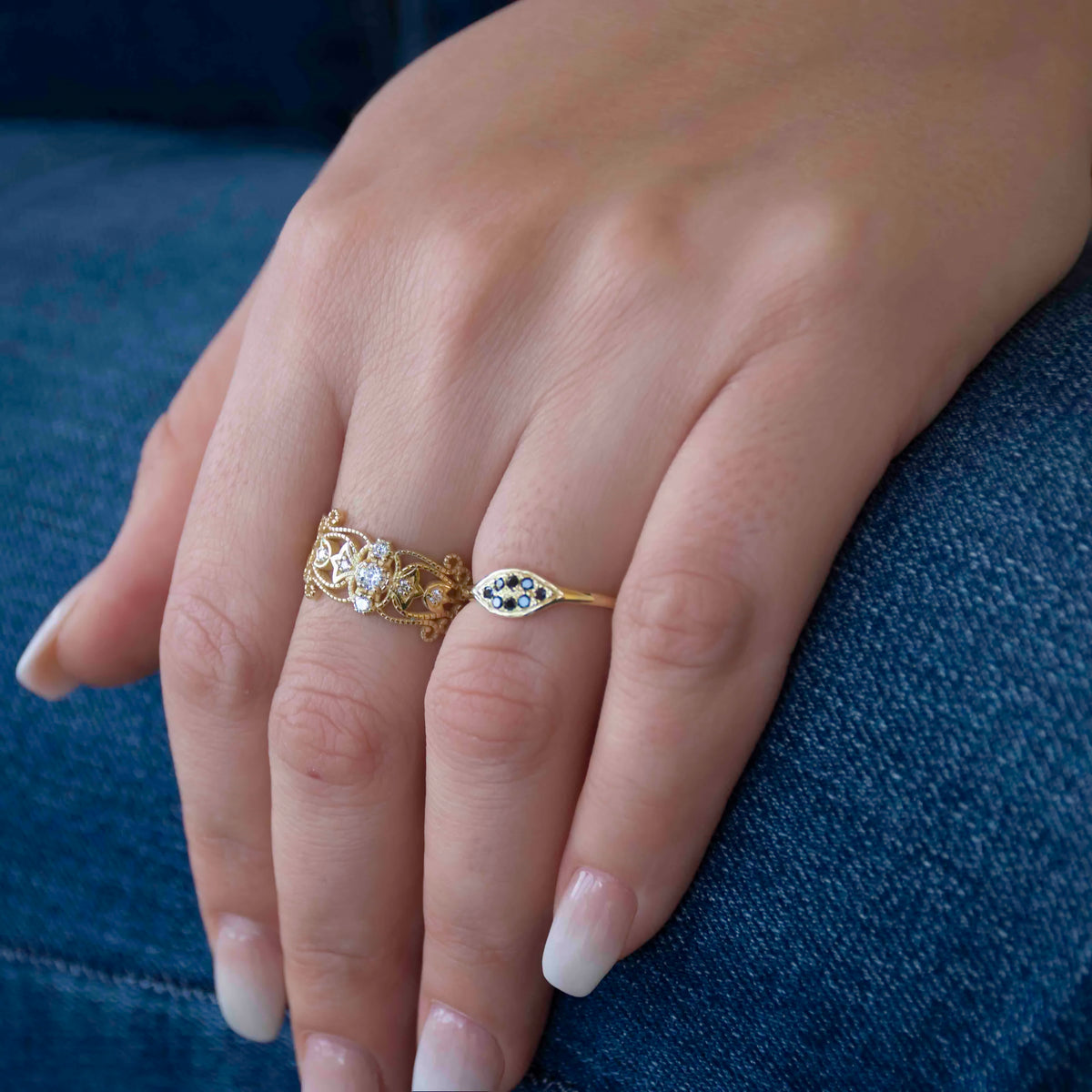 RG1787A-1 Dainty Gold Ring with Eight Black Diamonds