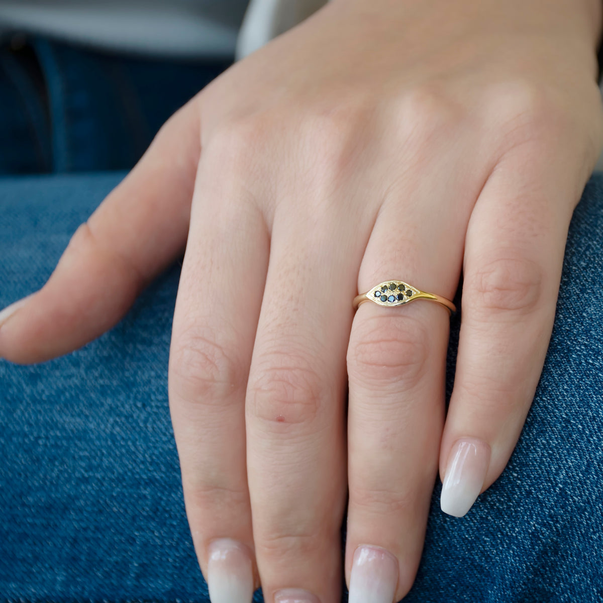 RG1787A-1 Dainty Gold Ring with Eight Black Diamonds