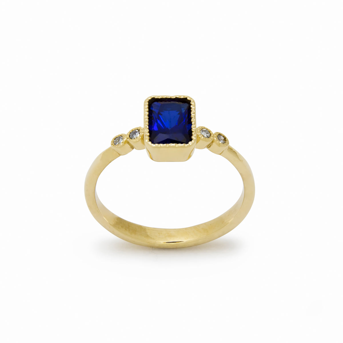 RG1834-2 Gold Ring with Square Blue Sapphire and Zircon Accents