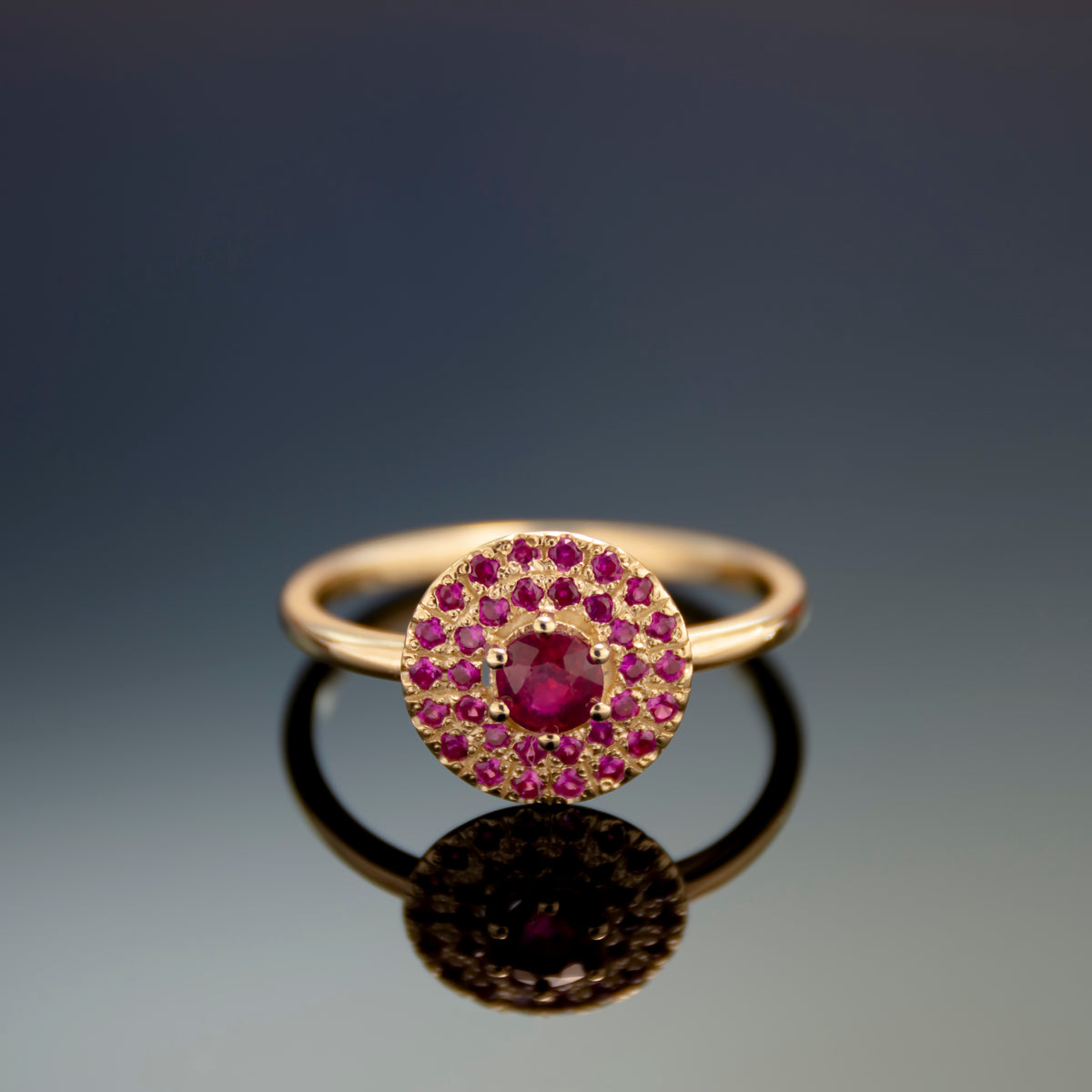 RG1895-1 Round Top Gold Ring with Ruby Stones