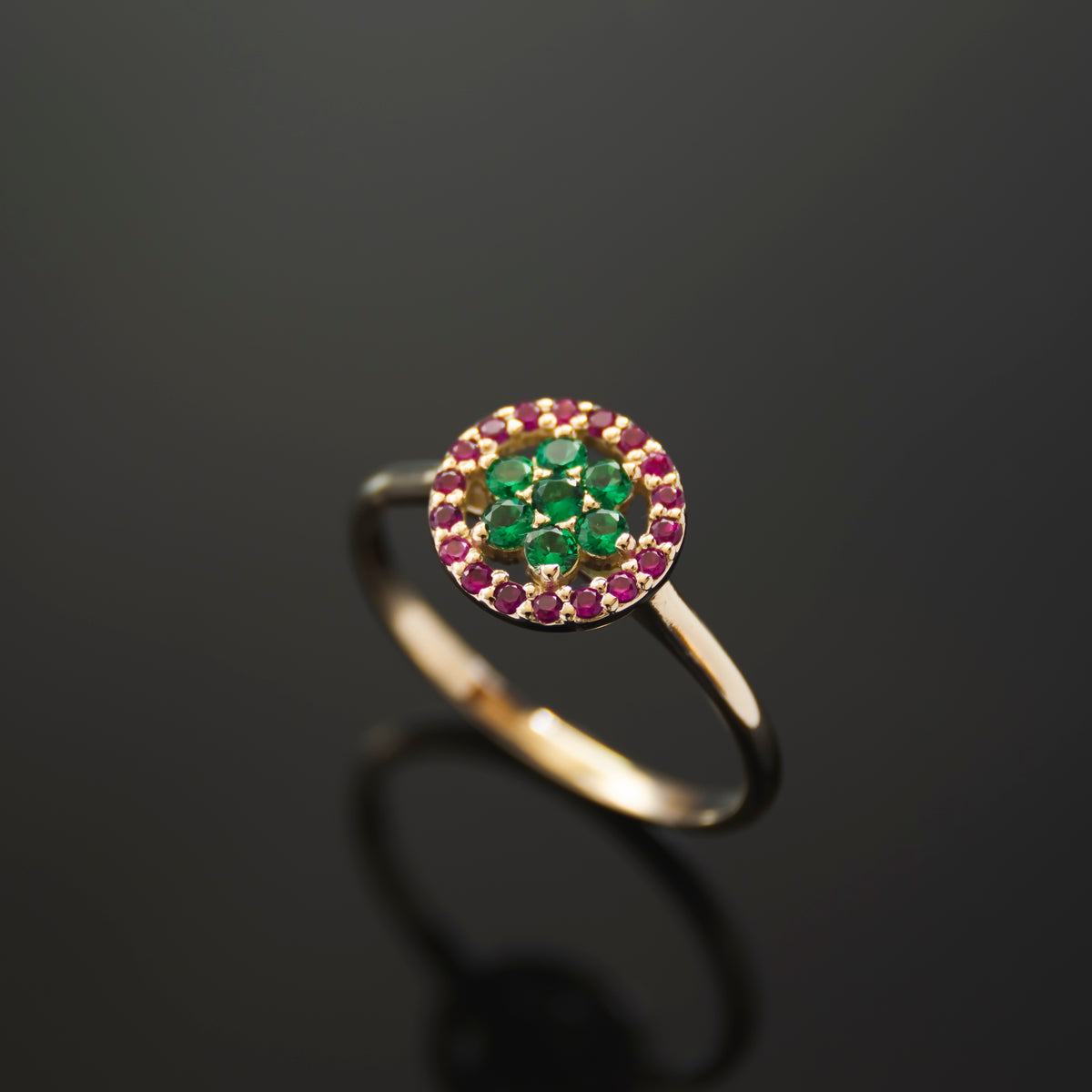 RG1896-1 Classic Gold Flower Ring with Ruby and Emerald Stones