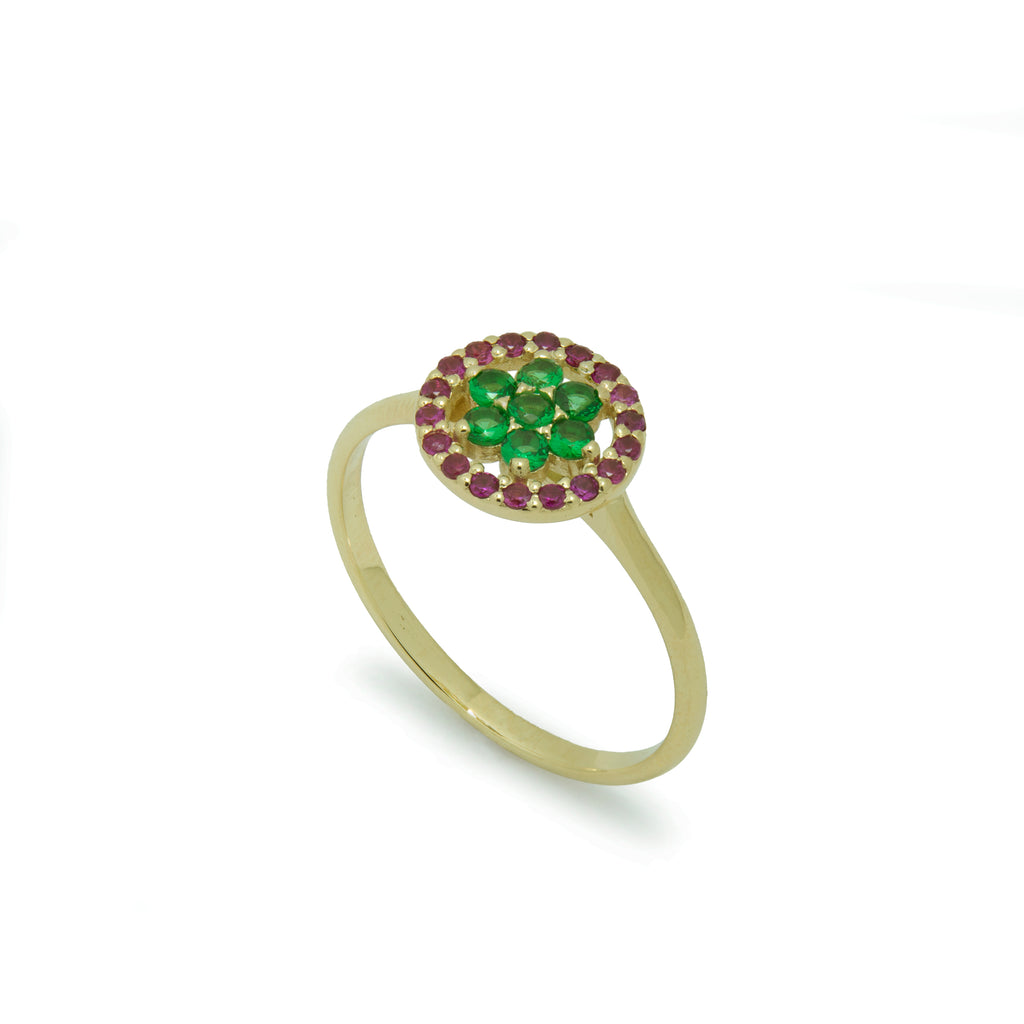 RG1896-1 Classic Gold Flower Ring with Ruby and Emerald Stones