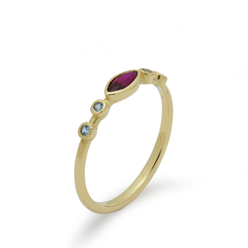 RG1901-1 Dainty Gold Ring with Marquise Ruby and Blue Topaz