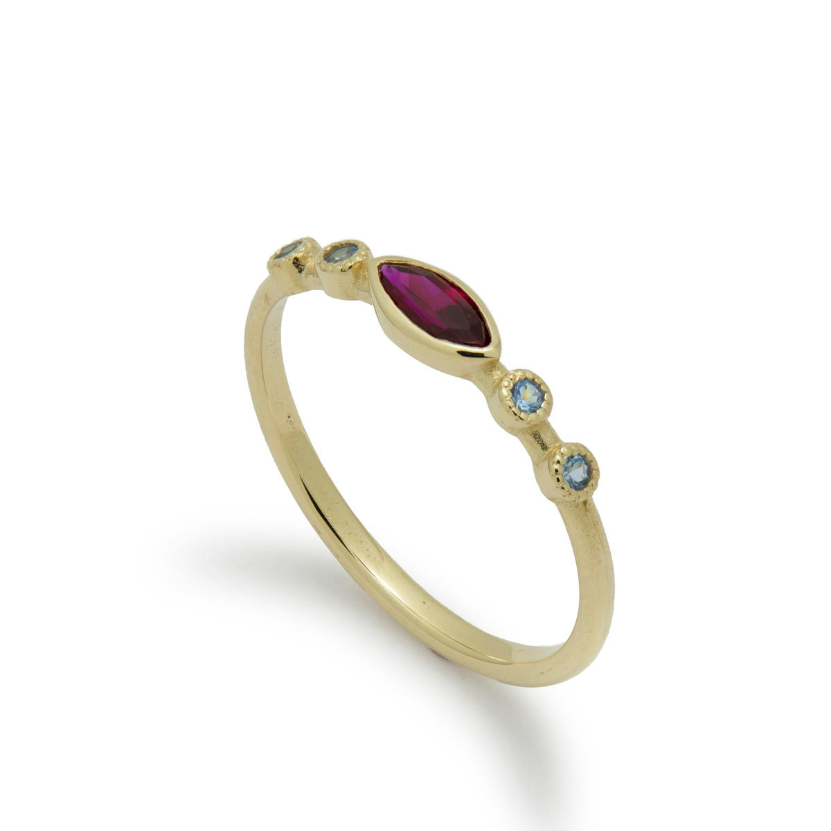 RG1901-1 Dainty Gold Ring with Marquise Ruby and Blue Topaz