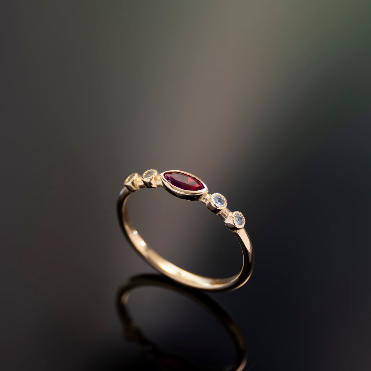 RG1901-1 Dainty Gold Ring with Marquise Ruby and Blue Topaz