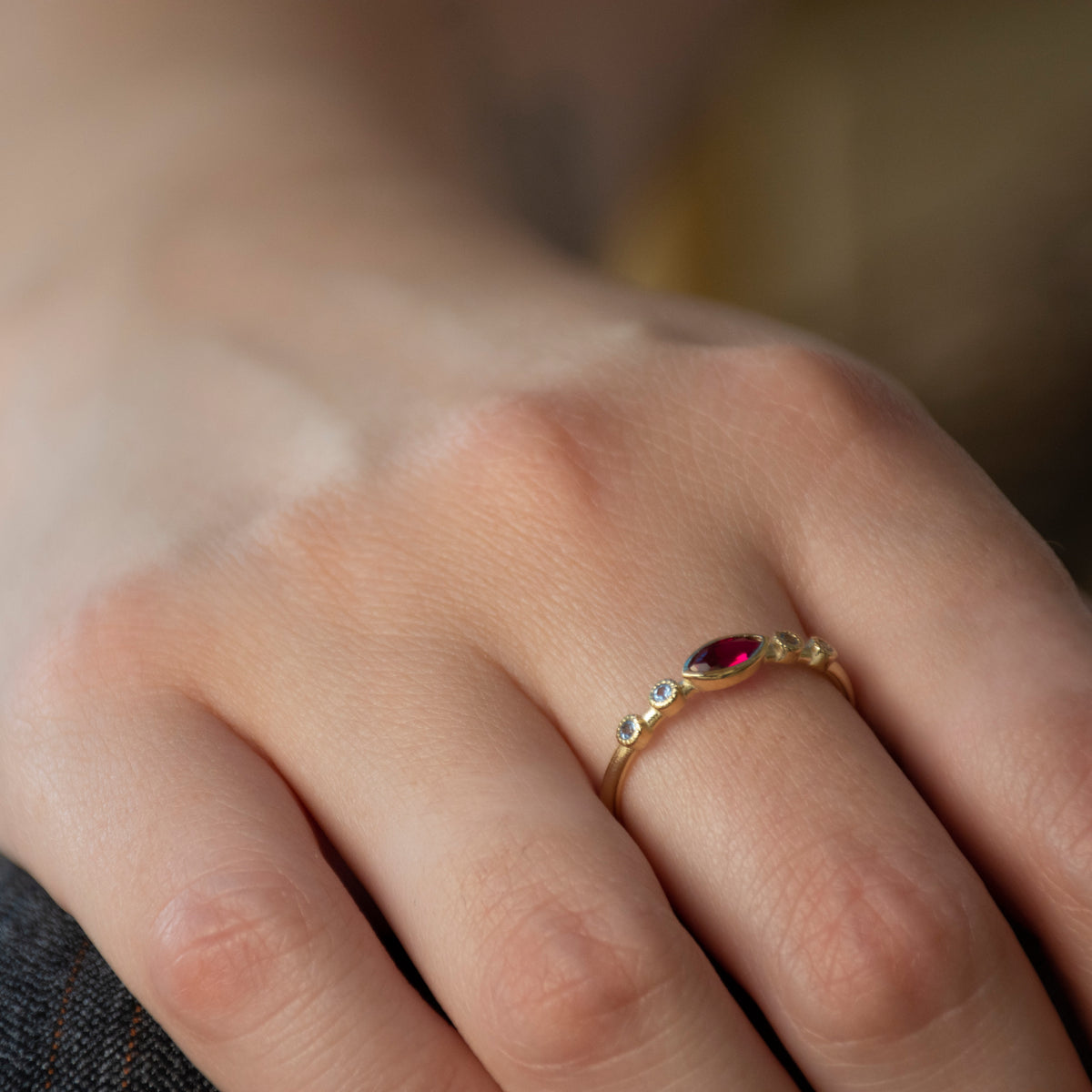 RG1901-1 Dainty Gold Ring with Marquise Ruby and Blue Topaz