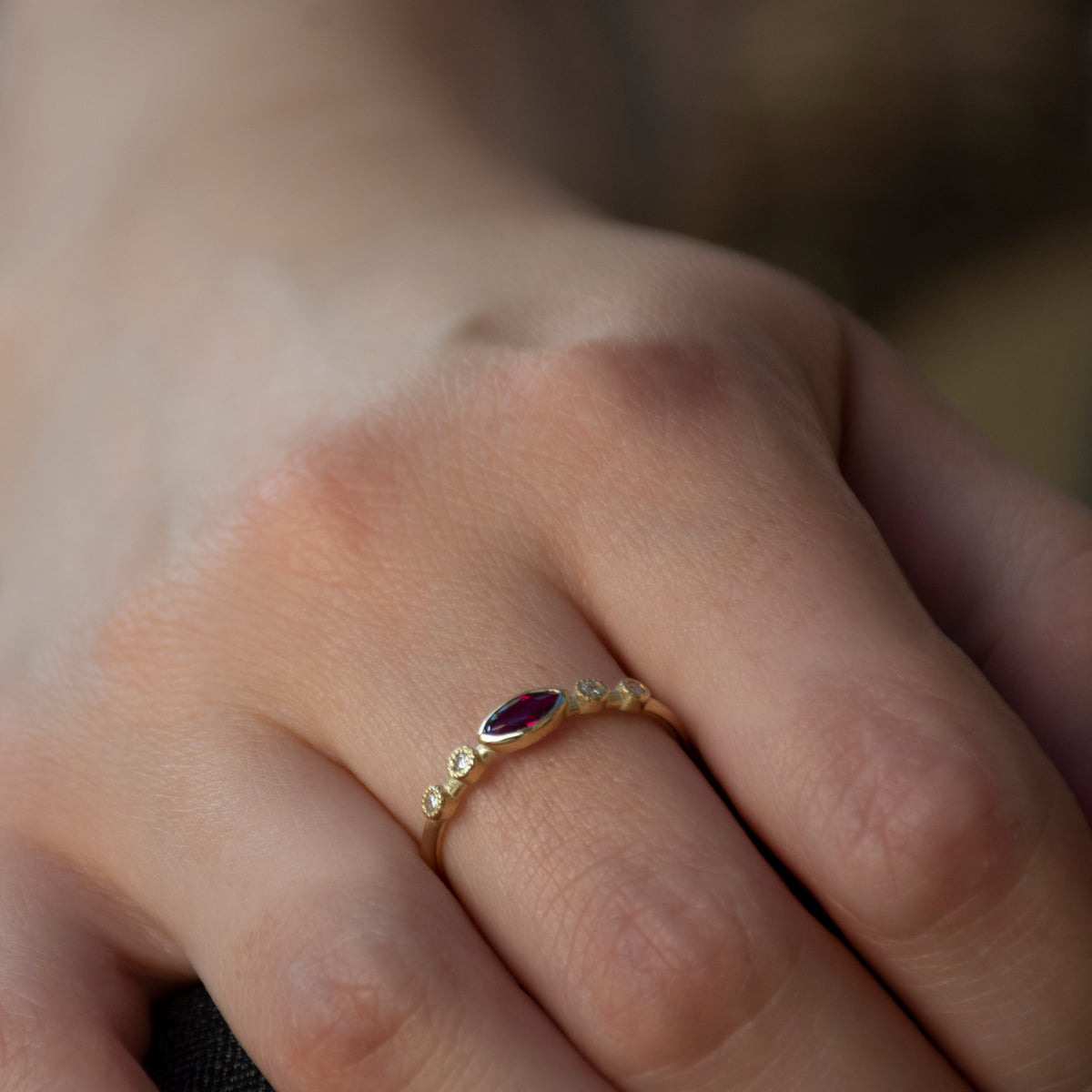 RG1901-2 Dainty Gold Ring with marquise Ruby and Diamonds