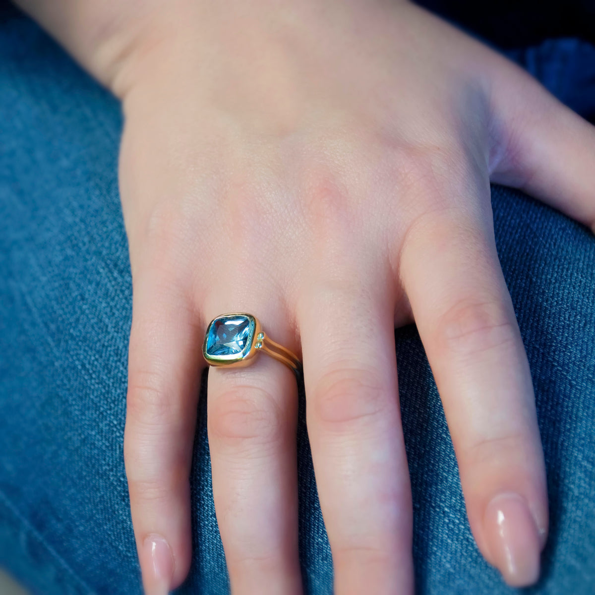 RG1907 Gold Statement Ring with Square Blue Topaz